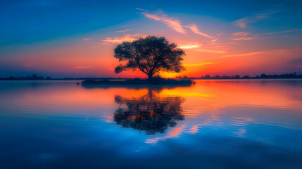 Serene Sunset: Tranquil Lake View with Warm Sky Reflections and Lone Island Silhouette