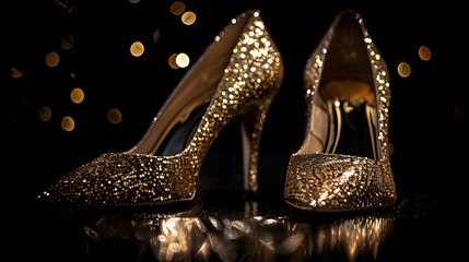A pair of high heels with gold sequins, shining under the lights on black background. The shoes have pointed be part of an elegant evening dress or special event attire.
