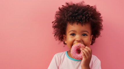 copy space, stockphoto, happy black toddler eating a donut, national donut day theme. Happy black african-american child with a donut. Colorful image. Sugar food. Child is having a good time, unhealth