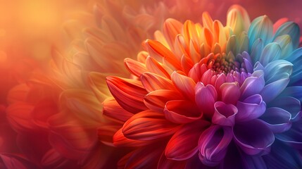 A rainbowcolored chrysanthemum with petals of various colors swirling around it, creating an explosion effect that is both colorful and vibrant.
