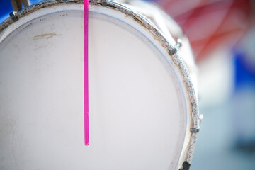 Close up of Snare drum or Dholak, Musical Instrument use for play music beats by drummer in musical...