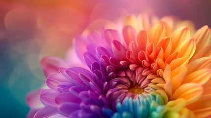 A rainbowcolored chrysanthemum with petals of various colors swirling around it, creating an explosion effect that is both colorful and vibrant.
