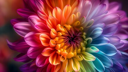 Obraz premium A rainbowcolored chrysanthemum with petals of various colors swirling around it, creating an explosion effect that is both colorful and vibrant. 