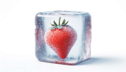 A large ice cube with a red strawberry frozen inside, on a white isolated background. 