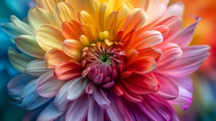 Obraz premium A rainbowcolored chrysanthemum with petals of various colors swirling around it, creating an explosion effect that is both colorful and vibrant. 