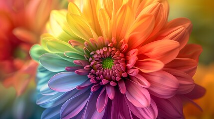 Fototapeta premium A rainbowcolored chrysanthemum with petals of various colors swirling around it, creating an explosion effect that is both colorful and vibrant. 