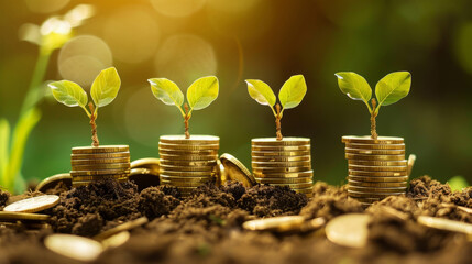 Trees grow on piles of gold coins on the ground, business growth tips. Investment in agribusiness and agricultural processing