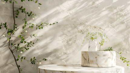 Plants in pots on table against grunge wall space for text ,generative ai