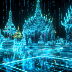 Futuristic Thai Temple Hologram Glowing with Quantum Energy and Abstract Algorithmic Data Streams