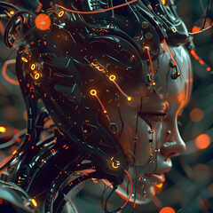 Intricate Cyborg Anatomy Illuminated by Glowing Digital Circuits and Neon Connections