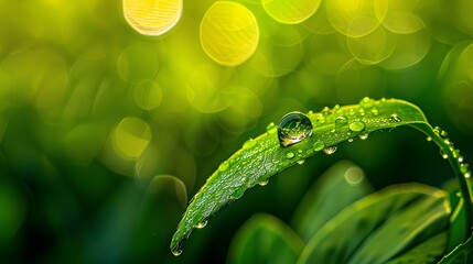 A water droplet on the edge of a green leaf, with a blurred background of lush grass and sunlight filtering through leaves.
