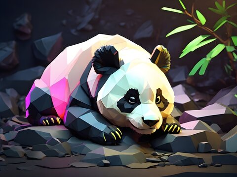 low poly 3d illustration of baby Panda with aura neon lightning above ice block blue background