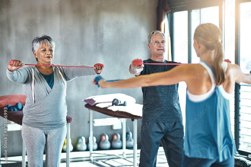 Poster Stretching band, support and senior people in physical therapy for help with muscle training by physiotherapist. Exercise, workout and strength progress of mature clients in wellness class or gym