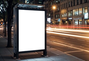 Fototapeta premium A blank billboard against a night city backdrop, with cars in motion blurred out of focus, serves as a mockup.