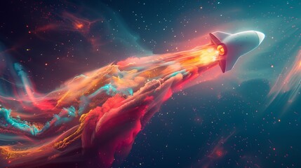 A futuristic, sleek rocket blasting off into space, leaving a trail of colorful exhaust behind.