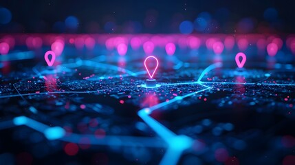 Abstract digital map with glowing location pins on a dark background, using blue and pink colors, with blurred city lights in the foreground.  Concept of a global network.
