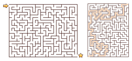 Medium Rectangular Maze Puzzle Game with a solution. Line maze game. Medium complexity. Rectangle labyrinth with entry and exit. Vector