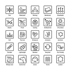 Set icons for functional fabric, clothing. The outline icons are well scalable and editable. Contrasting vector elements are good for different backgrounds. EPS10.