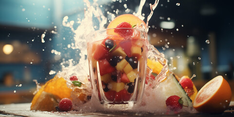 A vibrant, healthy smoothie captured in mid-splash, with dynamic composition and macro food photography, ultra-realistic and hyper-detailed. 