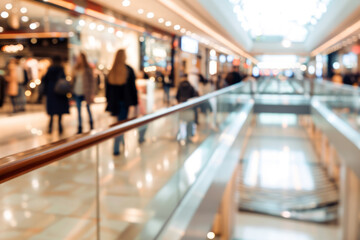Blurred big sales on Black Friday. A long light floor in the mall with shops for buyers. Sale of clothing in a modern shopping center. The main background for the design. Shopping. Copyspace