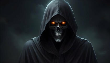 Fototapeta na wymiar A hooded figure with glowing eyes the grim reaper upscaled_2