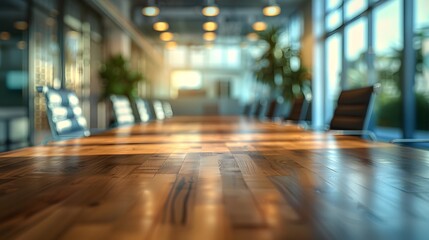 Blurred conference room with a long wooden table and chairs in a blurred background.
