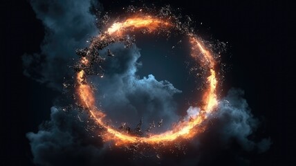 Ethereal energy explosion in celestial cloudscape. A circle magical fire portal surrounded with white smoke and dark background. Cosmic and fantasy concept with copy space. Game background. AIG35.