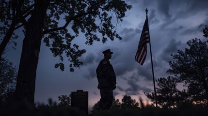 A solemn moment of reflection with a veteran standing before a memorial, holding an American flag, highlighted by respectful, subdued lighting
