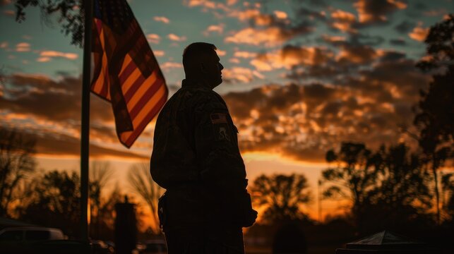 A solemn moment of reflection with a veteran standing before a memorial, holding an American flag, highlighted by respectful, subdued lighting