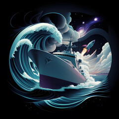 illustration of a ship in the water with a rocket in the background