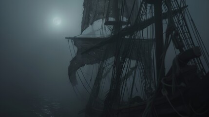 Close-up, tattered sails with moonlight casting eerie shadows, ghostly pirate faces partially visible through fog, creating a sense of adventure and mystery