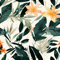 This is a repeating pattern of watercolor-style tropical leaves and flowers in greens, oranges, and yellows.

