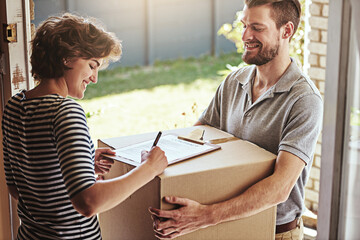 Woman, home and happy with signing for delivery or package, parcel and order with moving in....