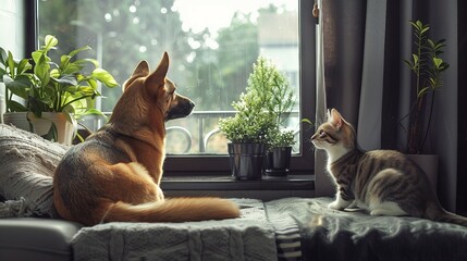 a dog and a cat sitting on a couch looking out a window