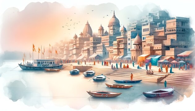 Watercolor illustration for Ganga Dussehra with riverside in Varanasi.