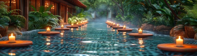 The photo shows a long infinity pool with floating candles. The pool is surrounded by lush greenery and the water is crystal clear.