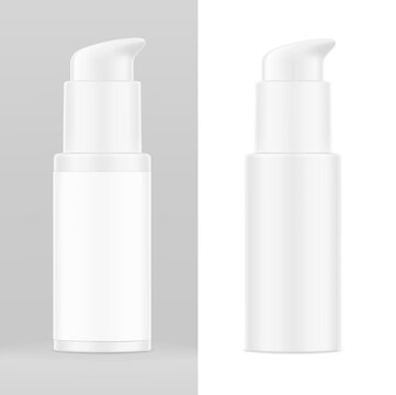 Airless pump bottle with label mockup isolated on white and grey background. Vector illustration. Сan be used for cosmetic, medical and other needs. Symmetrical lighting scheme. EPS10.	