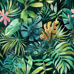 This is a pattern of green tropical leaves and pink and yellow flowers on a dark background.

