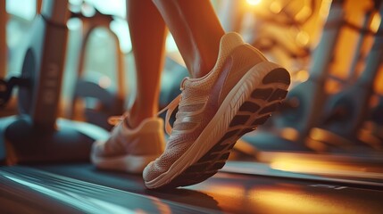 Close up of feet in running shoes on spinning bike at gym, cinematic lighting.

