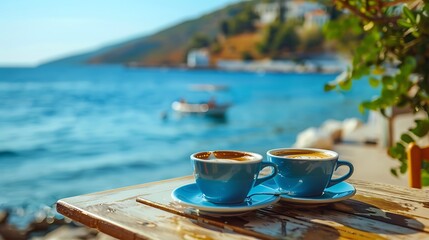 Traditional greek coffee with cafe and the sea at the background