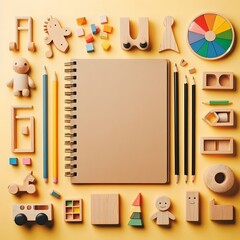 Fototapeta premium AI Generate of Wooden Kid Toys and Sketchbook Early Education, Kindergarten, Pre-school, Learn and Play Concept