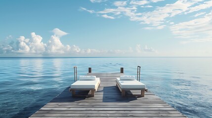 Two empty sinbeds on wooden pier at beautiful calm morning