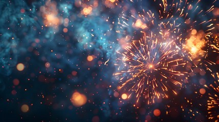 Obraz premium Festive colorful fireworks display on dark blue background with copy space for text, New Year celebration concept. 