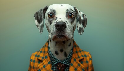 A stylish Dalmatian wearing a plaid blazer and tie poses for a professional portrait against a neutral background.