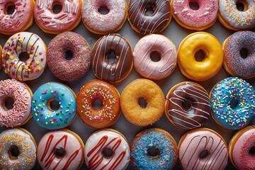 Assorted colorful donuts with various toppings and glazes, neatly arranged in rows. Sweet and delicious treats perfect for any occasion. - Powered by Adobe