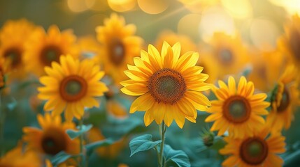 Beautiful sunflower field in full bloom with vibrant yellow petals basking in the warm sunlight on a bright summer day.