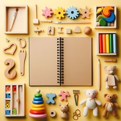 AI Generate of Wooden Kid Toys and Sketchbook Early Education, Kindergarten, Pre-school, Learn and Play Concept