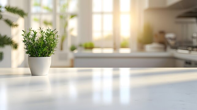 Minimalist white kitchen interior with a blurred background showing a clean and modern design, the empty countertop for product display or montage presentation concept.
