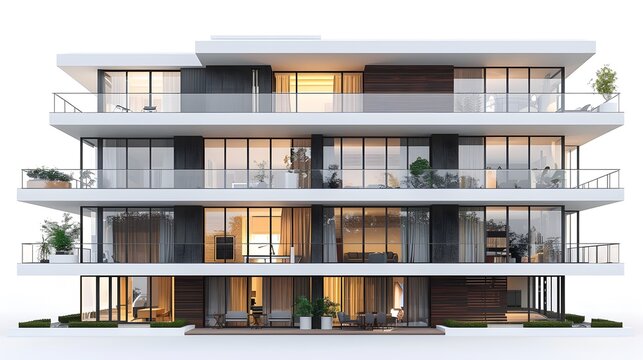 modern apartment building, white background, orthographic view, architectural design style, smooth and clean .

