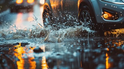 A car drives through a puddle, splashing water around.

